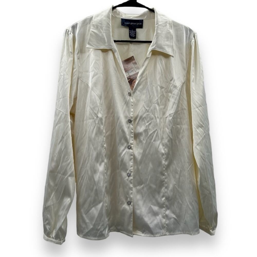 Susan Graver Off White Cream Rhinestone Button Down Long Sleeve Shirt Size L NWT